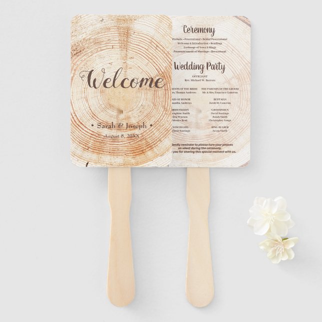 Rustic Wedding Simple Order of Service Wood Grain Hand Fan (Front and Back)