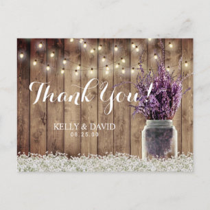 Rustic Wedding String Light Lavender Jar Thank You Postcard