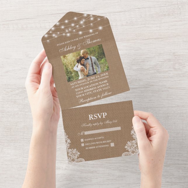Rustic Wedding String Lights Lace Burlap Photo All In One Invitation (Tearaway)