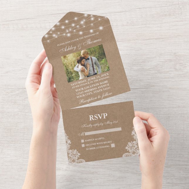 Rustic Wedding String Lights Lace Kraft Photo All In One Invitation (Tearaway)