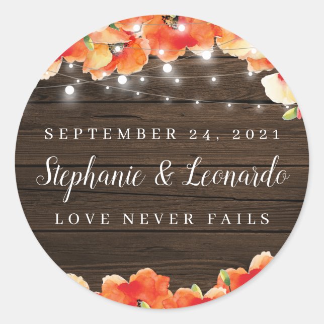 Rustic Wedding String Lights Wood Poppy Classic Round Sticker (Front)