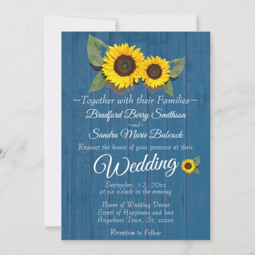 Rustic Wedding Sunflower Blue Wood  Invitation