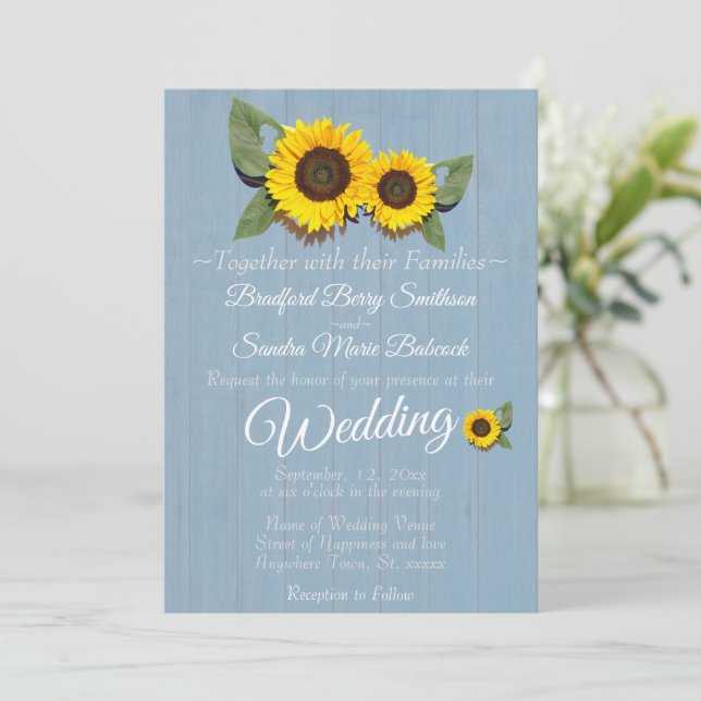 Rustic Wedding Sunflower Dusty Blue Wood Wedding I Invitation (Standing Front)