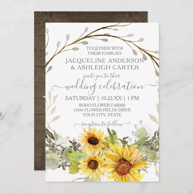 Rustic Wedding Sunflower Floral Wreath Watercolor Invitation | Zazzle