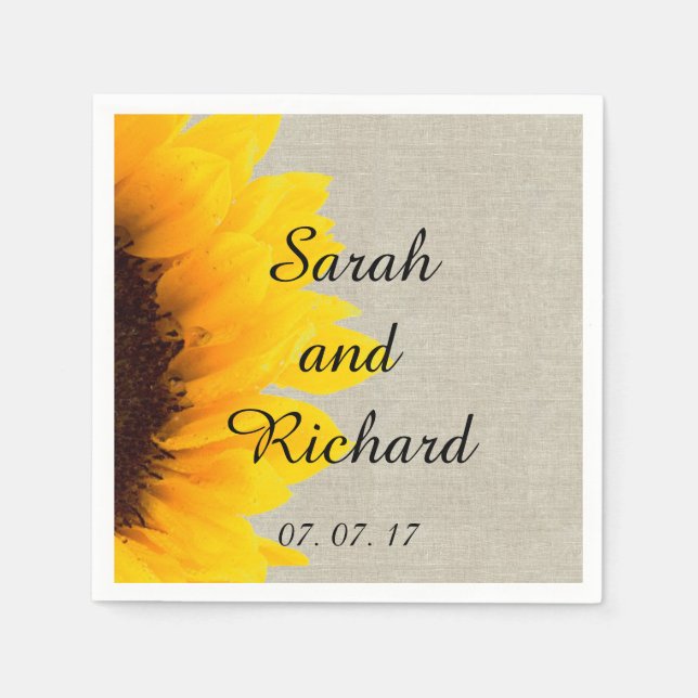 Rustic Wedding Sunflower Linen Paper Napkins (Front)