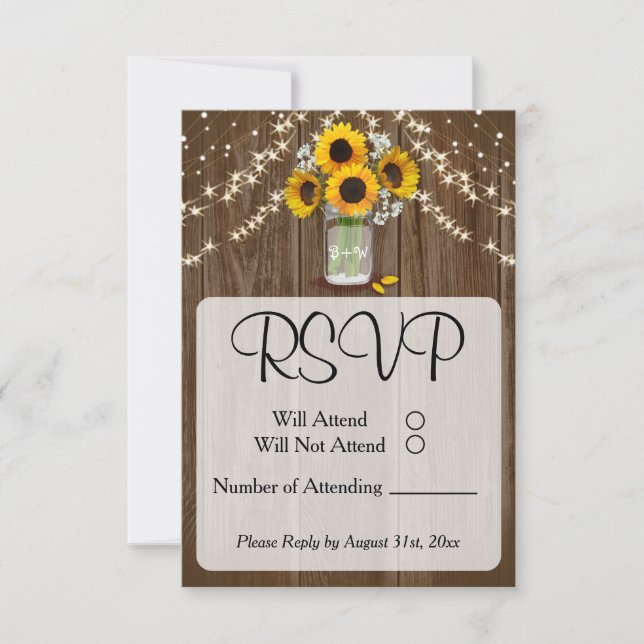 Rustic Wedding Sunflower Mason Jar RSVP Card (Front)