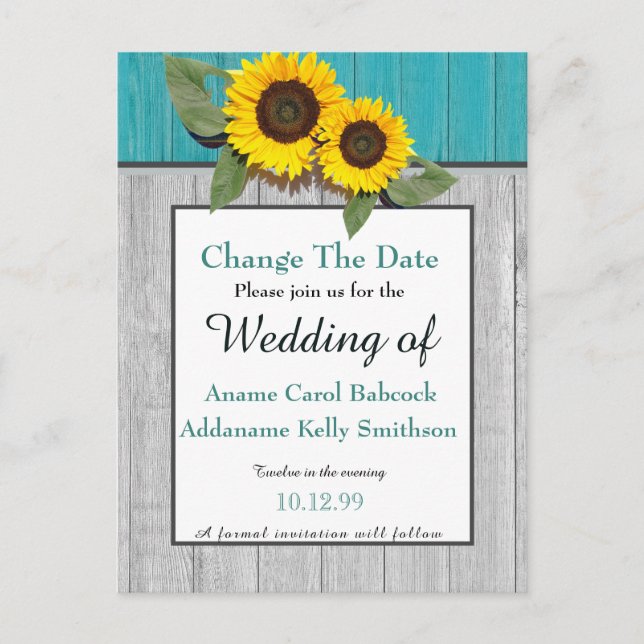 Rustic Wedding  Sunflower Teal Gray Wood Chic Announcement Postcard (Front)