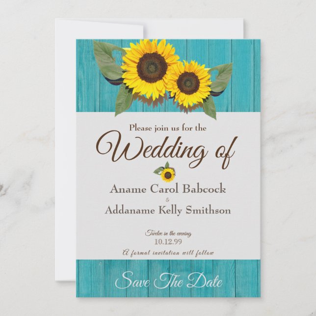 Rustic Wedding  Sunflower Teal Gray Wood Chic Save Save The Date (Front)