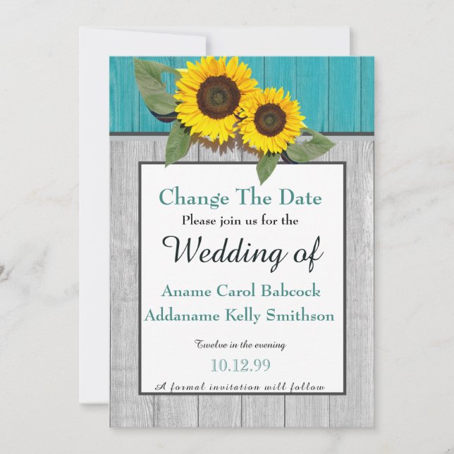 Rustic Wedding  Sunflower Teal Gray Wood Chic Save The Date (Front)