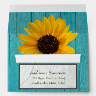 Rustic Wedding  Sunflower Teal n Gray Wood Envelope