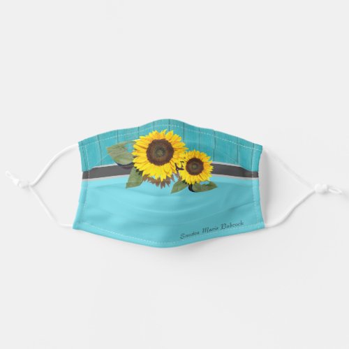 Rustic Wedding Sunflower Teal Wood Gray Stripe Adult Cloth Face Mask