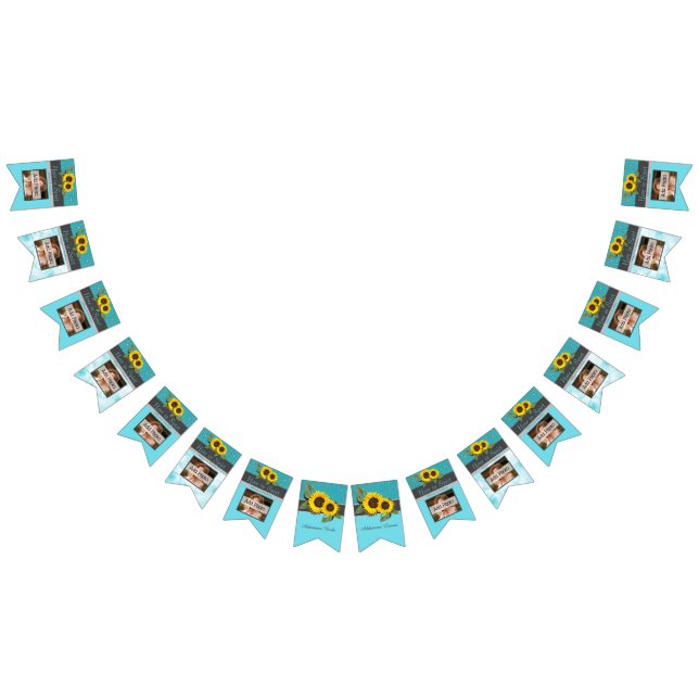 Rustic Wedding  Sunflower Teal Wood Gray Stripe Bunting Flags (All)