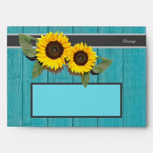 Rustic Wedding  Sunflower Teal Wood Gray Stripe Envelope