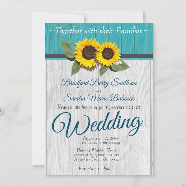 Rustic Wedding  Sunflower Teal Wood Gray Stripe In Invitation (Front)