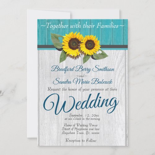 Rustic Wedding  Sunflower Teal Wood Gray Stripe In Invitation