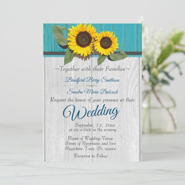 Rustic Wedding  Sunflower Teal Wood Gray Stripe In Invitation (Standing Front)