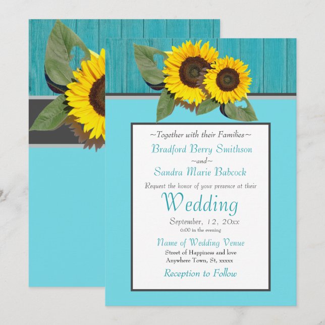 Rustic Wedding  Sunflower Teal Wood Gray Stripe Invitation (Front/Back)