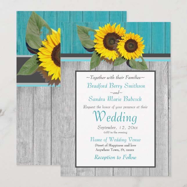 Rustic Wedding  Sunflower Teal Wood Gray Stripe Invitation (Front/Back)