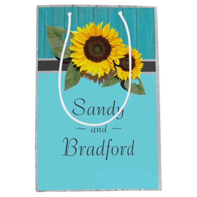 Rustic Wedding Sunflower Teal Wood Gray Stripe Medium Gift Bag (Front)