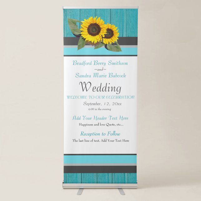 Rustic Wedding  Sunflower Teal Wood Gray Stripe Retractable Banner (Front)