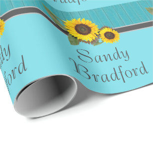 Rustic Wedding Sunflower Teal Wood Gray Stripe Wrapping Paper