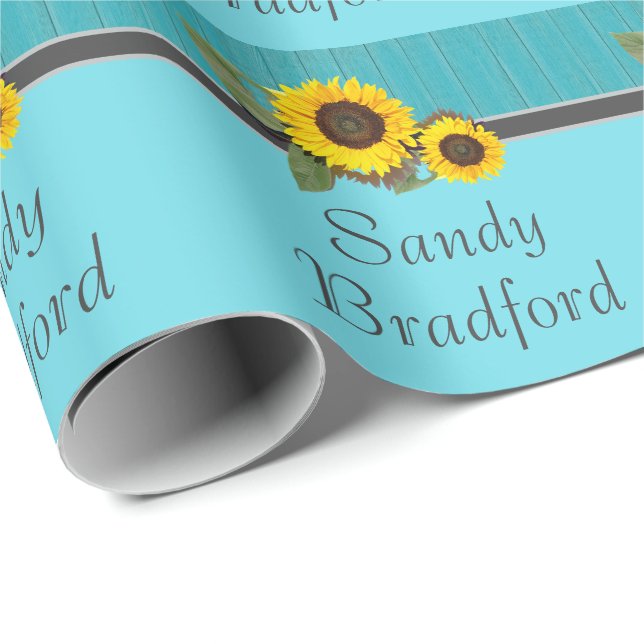 Rustic Wedding Sunflower Teal Wood Gray Stripe Wrapping Paper (Roll Corner)