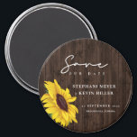Rustic Wedding Sunflower Wood Design Save The Date Magnet<br><div class="desc">Simple and elegantly Rustic are the words I would use to describe this Save The Date magnet... featuring a single sunflower, over a rustic wood design, surrounded by elegant script calligraphy. This unique boho chic design is a fun way to announce your engagement and sets the stage for a day...</div>