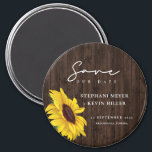 Rustic Wedding Sunflower Wood Design Save The Date Magnet<br><div class="desc">Simple and elegantly Rustic are the words I would use to describe this Save The Date magnet... featuring a single sunflower, over a rustic wood design, surrounded by elegant script calligraphy. This unique boho chic design is a fun way to announce your engagement and sets the stage for a day...</div>