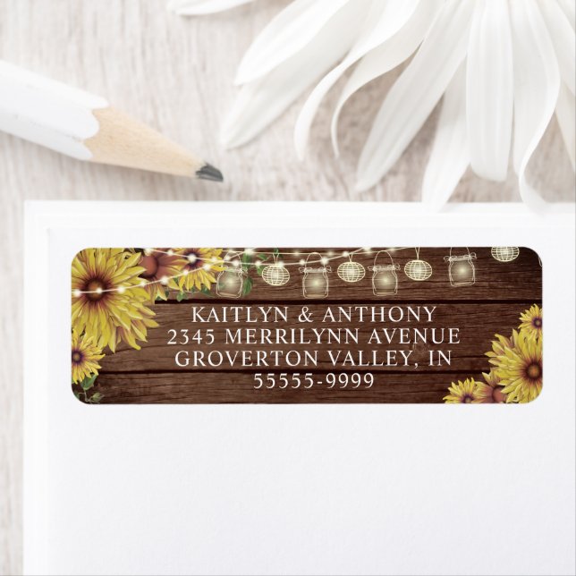 Rustic Wedding Sunflower Wood String Lights Jars Label (Insitu)