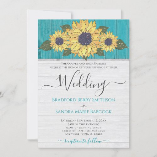 Rustic Wedding Sunflower Yellow Teal Gray Wood  Invitation