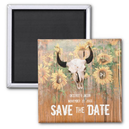 Rustic Wedding Sunflowers Bull Skull Save The Date Magnet