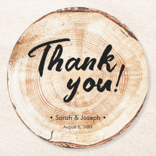 Rustic Wedding Thank You Wood Grain Favor Round Paper Coaster