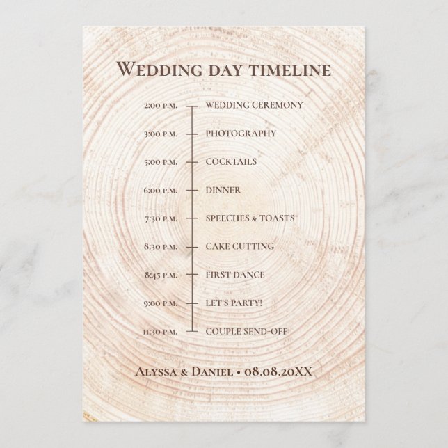 Rustic Wedding.Tree bark Custom Timeline Program (Front)