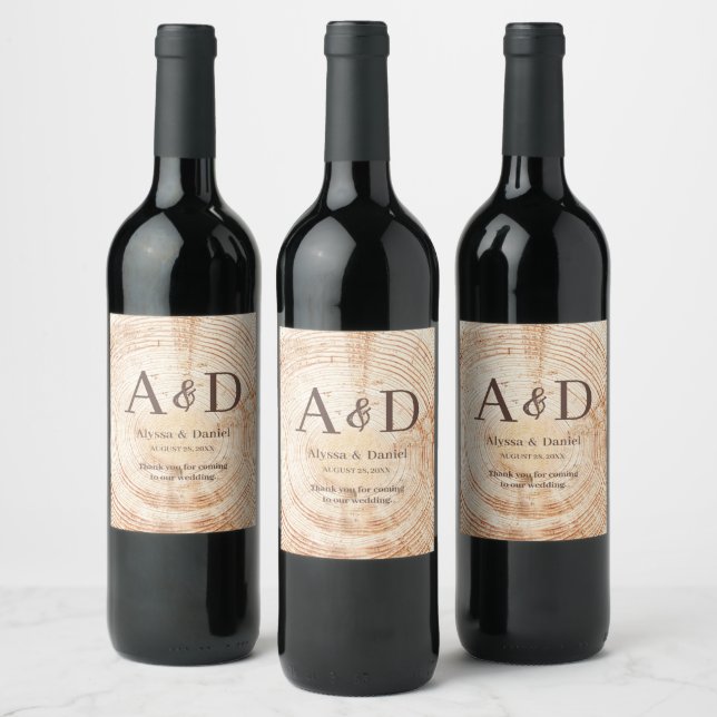 Rustic Wedding Tree wood bark Monogram thank you Wine Label (Bottles)