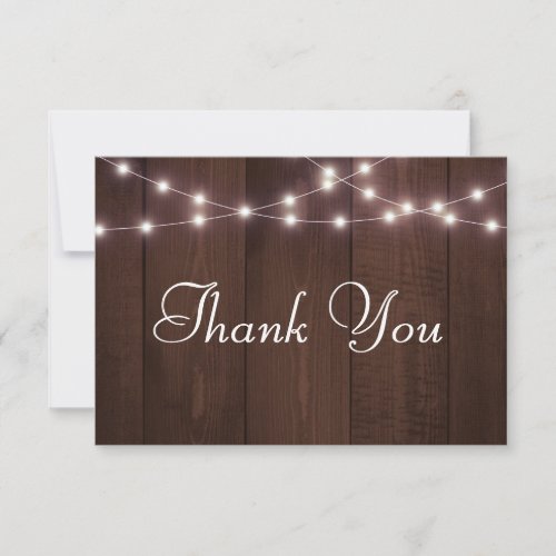 Rustic Wedding Typography Sting Lights Wood Thank You Card