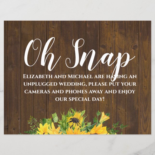 Rustic Wedding Unplugged Oh Snap Wood Sunflowers (Front)