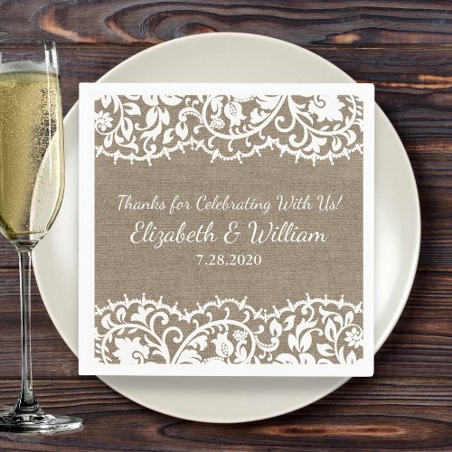 Rustic Wedding VIntage Lace Burlap Linen Custom Napkins