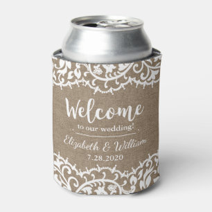 Rustic Wedding Vintage Lace Burlap Personalized Can Cooler
