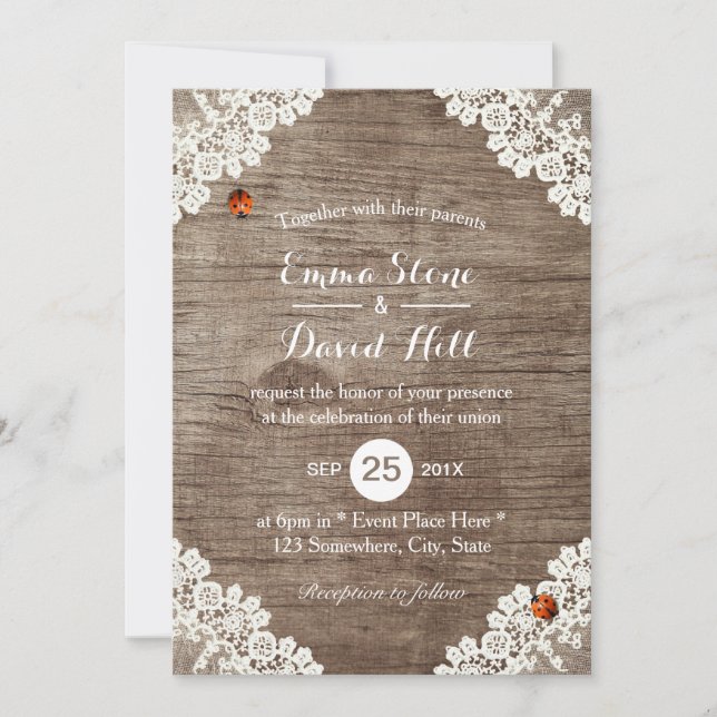 Rustic Wedding Vintage White Lace Ladybugs Invitation (Front)