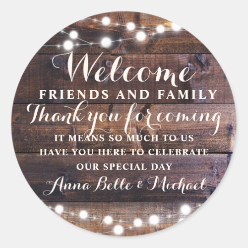 Rustic Wedding Welcome Favor Barn String lights Classic Round Sticker