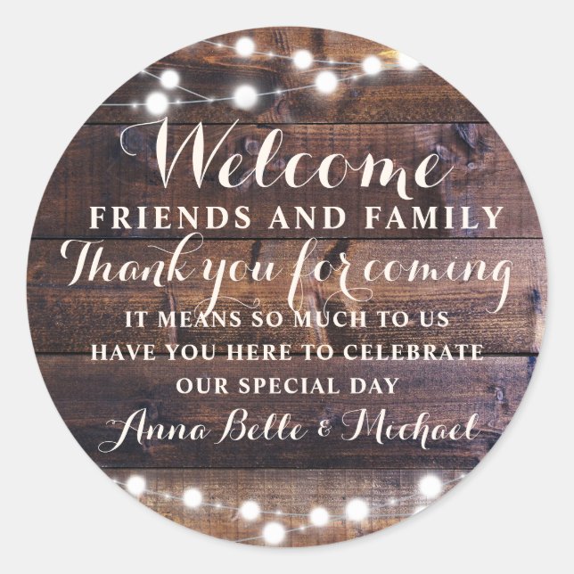 Rustic Wedding Welcome Favor Barn String lights Classic Round Sticker (Front)
