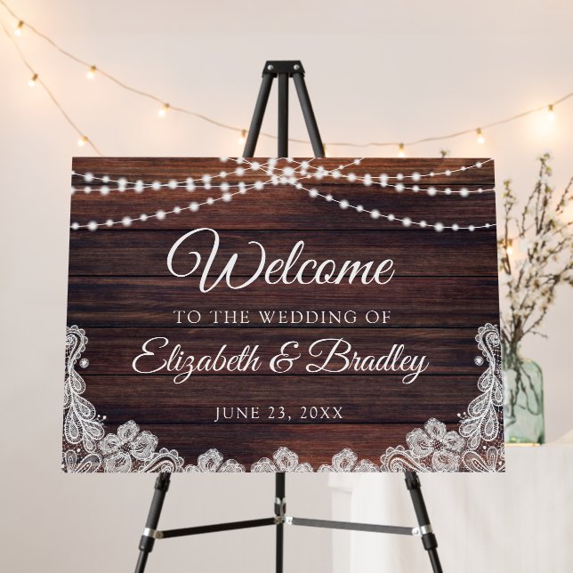Rustic Wedding Welcome Wood String Lights Lace Foam Board (In Situ (Stand))