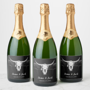 Rustic Wedding Western Black And White Bull Skull Sparkling Wine Label