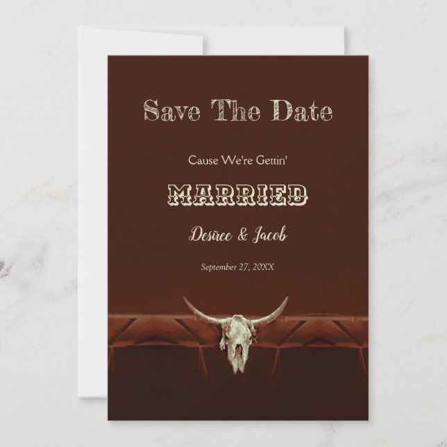 Rustic Wedding Western Bull Skull Save The Date (Front)