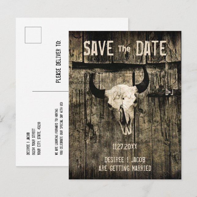Rustic Wedding Western Bull Skull Save The Date Announcement Postcard (Front/Back)