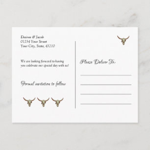 Rustic Wedding Western Bull Skull Save The Date Postcard