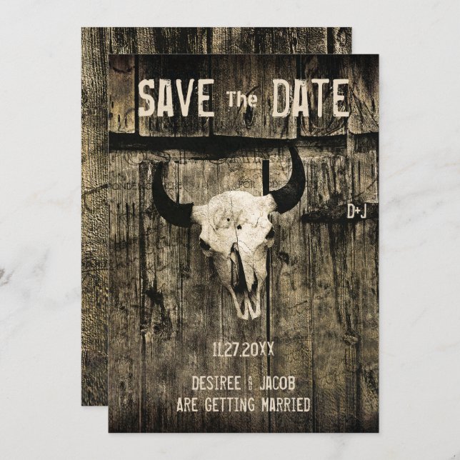 Rustic Wedding Western Cow Skull Save The Date (Front/Back)