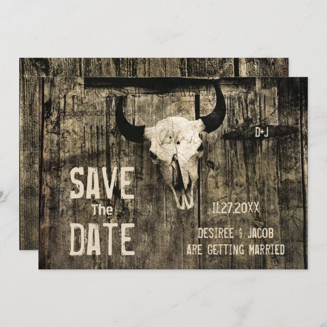 Rustic Wedding Western Cow Skull Save The Date (Front/Back)