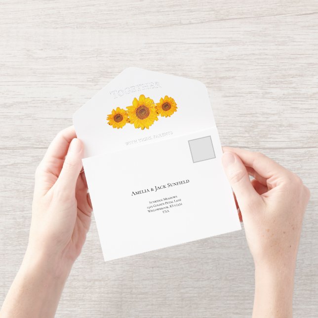 rustic wedding with sunflowers - in cream all in o one invitation  (Opening)