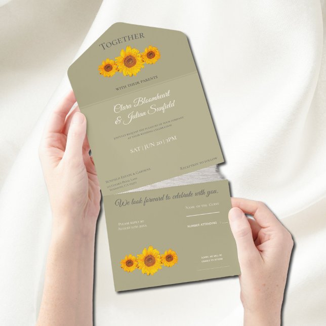 rustic wedding with  sunflowers  - in Muted Sage All In One Invitation (Creator Uploaded)